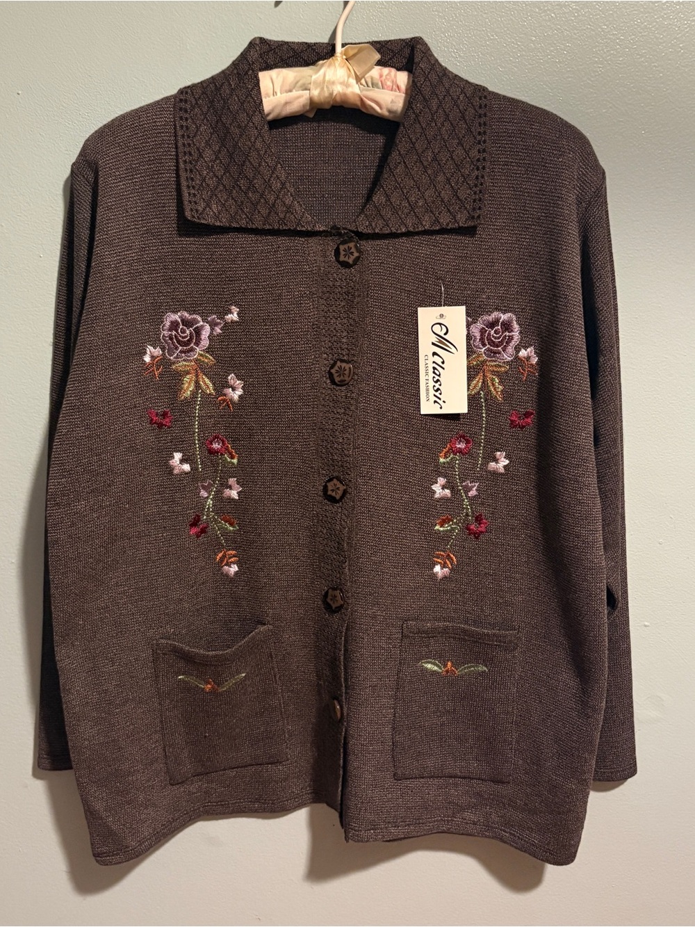 Classic Brown Embroidered Button-Front Cardigan